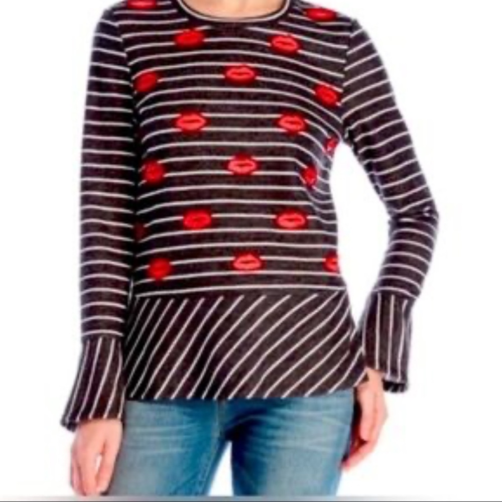 Nanette Lepore Grey White Striped Beaded Red Lip‎ Print Bell Sleeves Top NWOT XL
